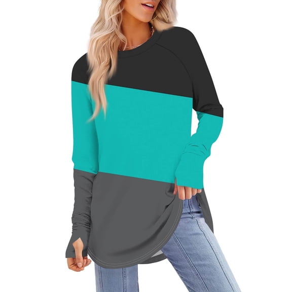 LEBONYARD Women's Trendy Round Neck Chic Splicing Colored Comfortable Long Sleeve Loose Fitting Casual Ladies Regular Pullover Blouse Tops
