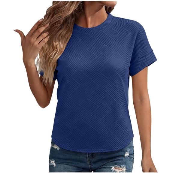 LEBONYARD Women's Trendy Round Neck Chic Striped Comfy Solid Colored Short Sleeve Casual Loose Fitting Regular Pullover Basic T-Shirt Tops