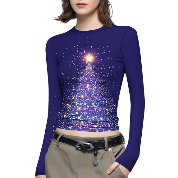 LEBONYARD Women's Trendy Round Neck Christmas Chic Printed Long Sleeved Casual Slim Warm Fitting Ladies Christmas Crew Neck Pullover Blouse Tops