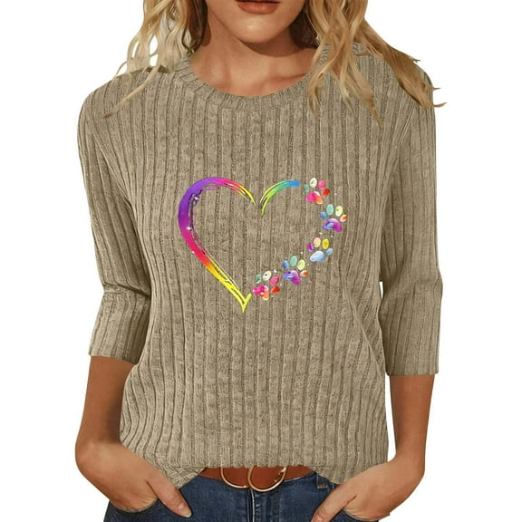 LEBONYARD Women's Trendy Round Neck Groove Simply Printed 3/4 Sleeve Pullover Sweaters Casual Crew Neck Loose Warm Fitting Ladies Fall Winter Sweaters