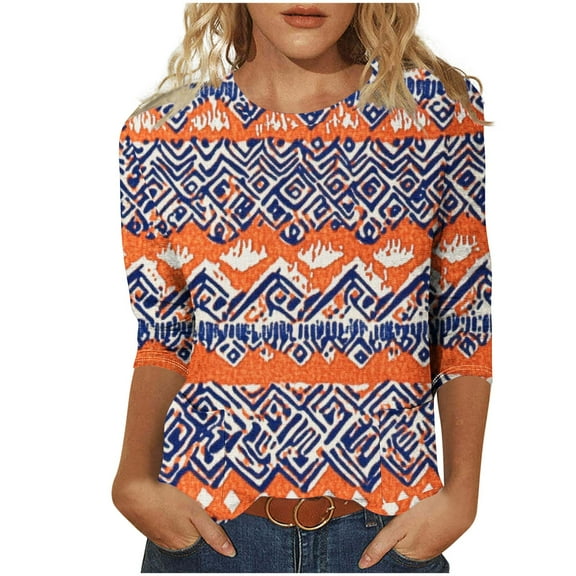 LEBONYARD Women's Trendy Round-Neck Multiple Color Style 3/4 Sleeved Comfortable Fitting Casual Daily Regular Pocket Pullover Blouses Shirts Tops