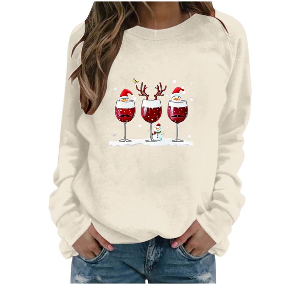 LEBONYARD Women's Trendy Round Neck Regular Christmas Printed Pullover Sweatshirts Casual Long Sleeve Hoodless Crew Neck Loose Fit Ladies Sweatshirts