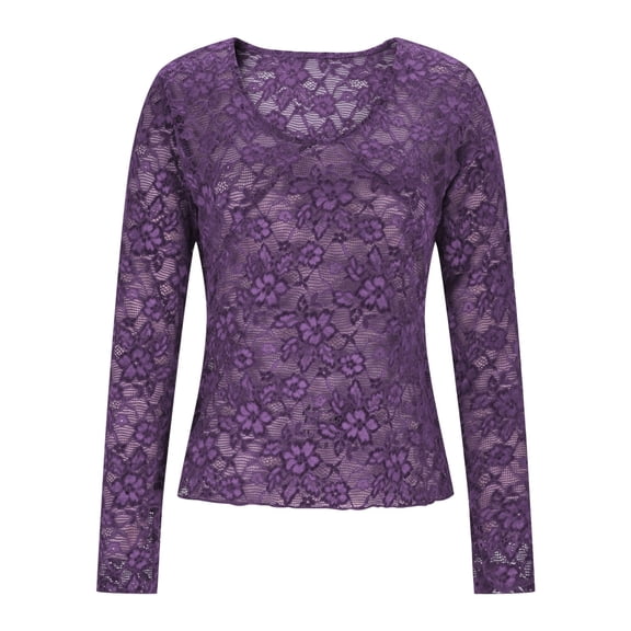 LEBONYARD Women's Trendy Round Neck Solid Colored Chic Lace Hollow-out Long Sleeve See-Through Slim Regular Base Layer Pullover Fashion Tops