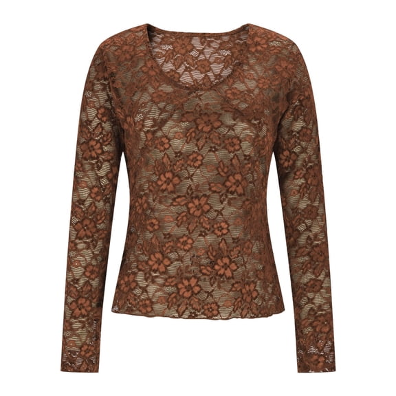 LEBONYARD Women's Trendy Round Neck Solid Colored Chic Lace Hollow-out Long Sleeve See-Through Slim Regular Base Layer Pullover Fashion Tops