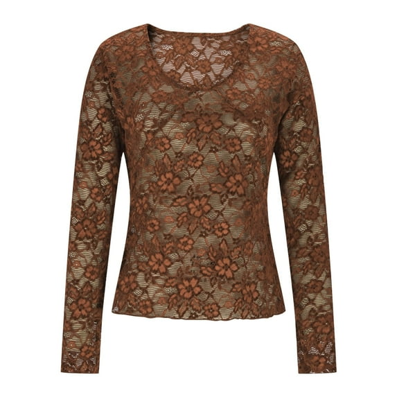 LEBONYARD Women's Trendy Round Neck Solid Colored Chic Lace Hollow-out Long Sleeve See-Through Slim Regular Base Layer Pullover Fashion Tops