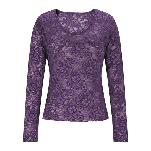 LEBONYARD Women's Trendy Round Neck Solid Colored Chic Lace Hollow-out Long Sleeve See-Through Slim Regular Base Layer Pullover Fashion Tops