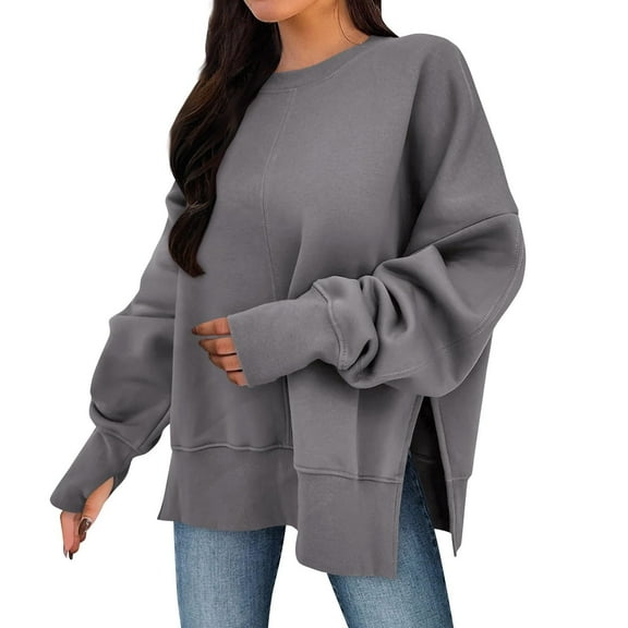 LEBONYARD Women's Trendy Round Neck Solid Colored Long Sleeve Warm Loose Fitting Drop Shoulder Side Slit Pullover Ladies Daily Casual Sweatshirt