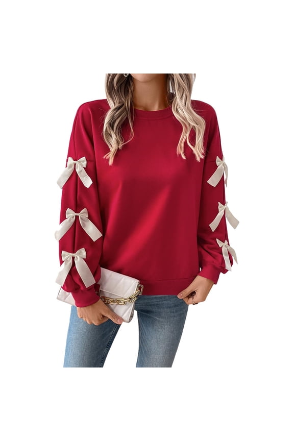 Women's Trendy Round Neck Solid Colored Long Sleeve With Chic Bow Detail Comfortable Warm Fitting Christmas Ladies Pullover Sweaters
