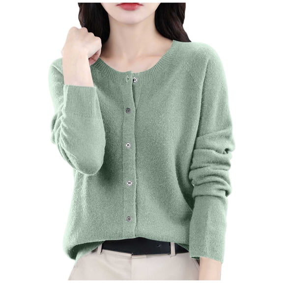 LEBONYARD Women's Trendy Round Neck Solid Colored Shoulder To Long Sleeve Comfortable Loose Warm Fit Casual Ladies Fashion Button-Up Cardign Sweater
