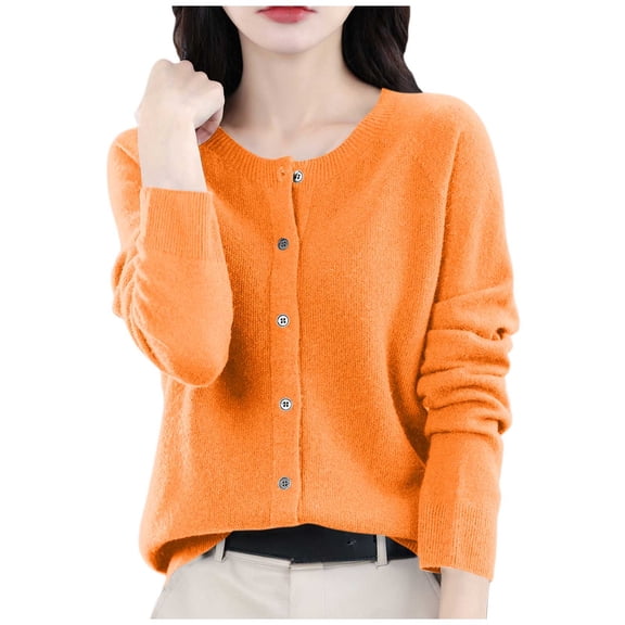 LEBONYARD Women's Trendy Round Neck Solid Colored Shoulder To Long Sleeve Comfortable Loose Warm Fit Casual Ladies Fashion Button-Up Cardign Sweater
