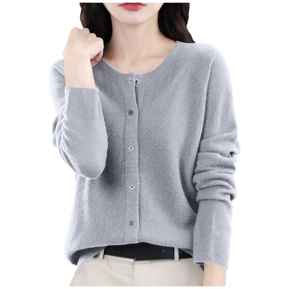LEBONYARD Women's Trendy Round Neck Solid Colored Shoulder To Long Sleeve Comfortable Loose Warm Fit Casual Ladies Fashion Button-Up Cardign Sweater