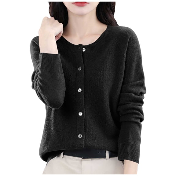 LEBONYARD Women's Trendy Round Neck Solid Colored Shoulder To Long Sleeve Comfortable Loose Warm Fit Casual Ladies Fashion Button-Up Cardign Sweater