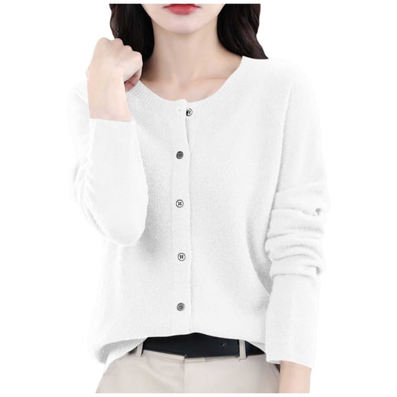 LEBONYARD Women's Trendy Round Neck Solid Colored Shoulder To Long Sleeve Comfortable Loose Warm Fit Casual Ladies Fashion Button-Up Cardign Sweater
