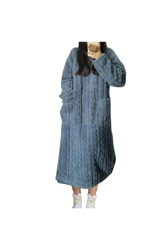 Women's Trendy Round Neck Thic Large Dough Twists Long Sleeve Pockets Solid Colored Robe Lengthening Warm Loose Fitting Bathrobe Pajamas