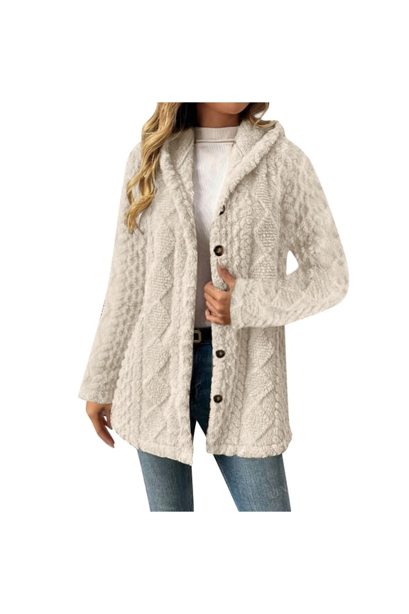 Women's Trendy Solid Colored Button Chic Double-Sided Fleece Hooded Jacket Casual Long Sleeve Loose Warm Fit Ladies Winter Outerwear Jacket