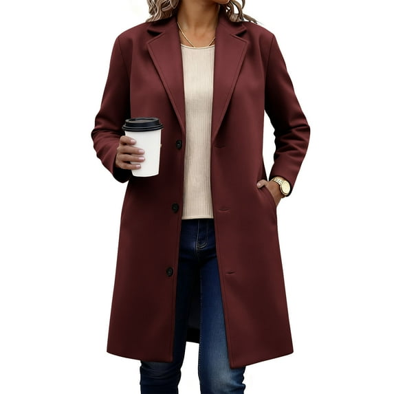 LEBONYARD Women's Trendy Solid Colored Lapel Long Length Button Coat Casual Long Sleeve Loose Fit Turn Down Collar Pocket Warm Ladies Outwear Coat