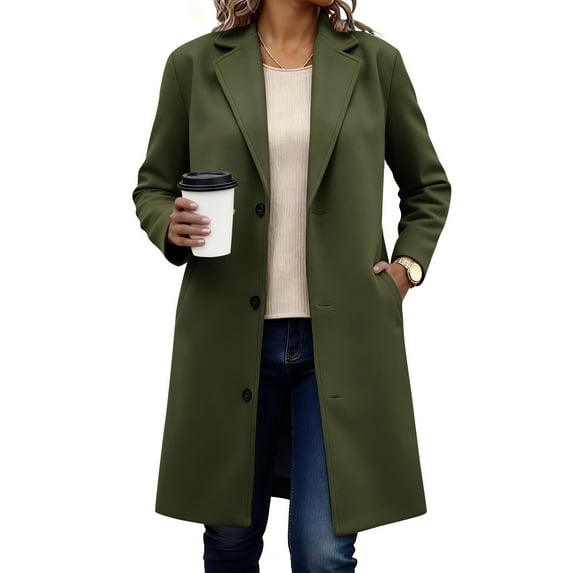 LEBONYARD Women's Trendy Solid Colored Lapel Long Length Button Coat Casual Long Sleeve Loose Fit Turn Down Collar Pocket Warm Ladies Outwear Coat