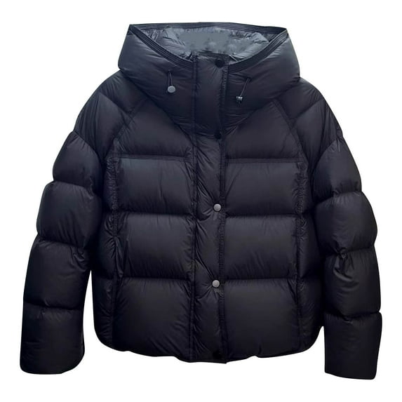 LEBONYARD Women's Trendy Solid Colored Round Neck Drawstring Hooded Zipper Puffer Coat Casual Long Sleeve Loose Warm Fit Pocket Ladies Outerwear Coat