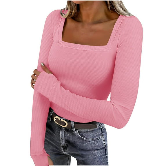 LEBONYARD Women's Trendy Square Neckline Chic Groove Striped Solid Colored Long Sleeved Loose Fit Casual Regular Comfy Pullover Blouse Top,Sizes S-2XL