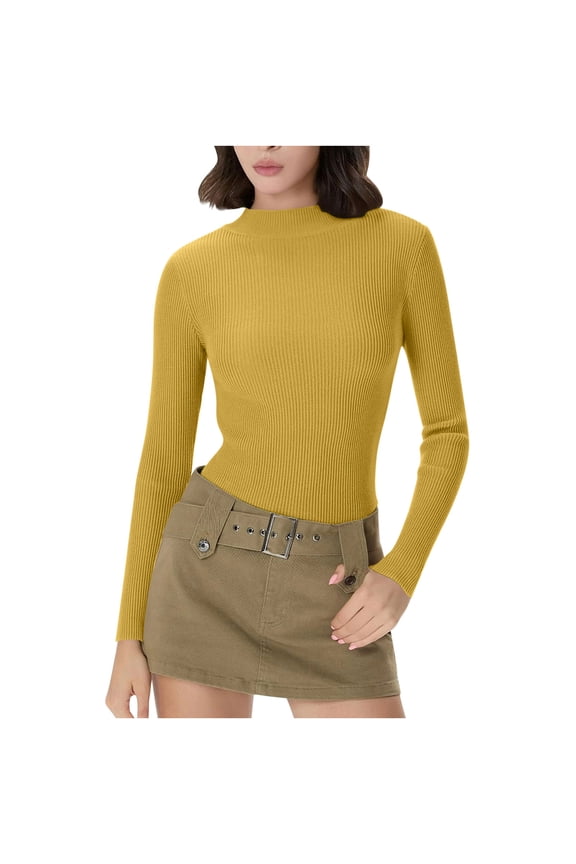 Women‘s Trendy Turtleneck Chic Groove Ribbed Comfortable Thermal Solid Colored Long Sleeve Slim Knitted Pullover Base Layer Tops,Sizes S-2XL