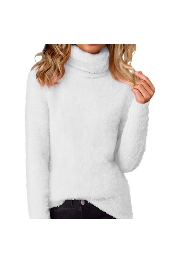 Womenâs Trendy Turtleneck Fleece Chic Soft Fuzzy Solid Colored Long Sleeve Comfortable Loose Warm Casual Ladies Cute Pullover Tops