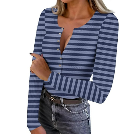 LEBONYARD Women's Trendy V-Neck Button Chic Groove Striped Multiple-Color Long Sleeved Loose Fit Casual Ladies Basic Pullover Blouse Tops,Sizes S-2XL