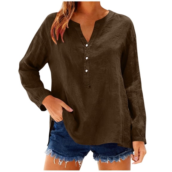 LEBONYARD Women's Trendy V Neck Button Collar Chic Placket And Side Slit Hem Solid Long Sleeve Comfy Casual Loose Fit Regular Pullover Blouse Top