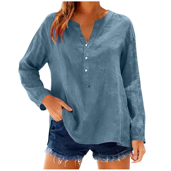 LEBONYARD Women's Trendy V Neck Button Collar Chic Placket And Side Slit Hem Solid Long Sleeve Comfy Casual Loose Fit Regular Pullover Blouse Top