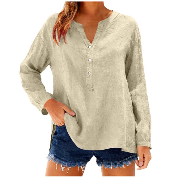 LEBONYARD Women's Trendy V Neck Button Collar Chic Placket And Side Slit Hem Solid Long Sleeve Comfy Casual Loose Fit Regular Pullover Blouse Top