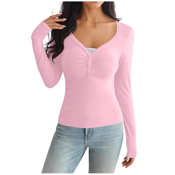 LEBONYARD Women's Trendy V Neck Button Wrinkle Collar Solid Colored Long Sleeve Slim Comfy Fitting Casual Ladies Regular Base Pullover Blouse Top