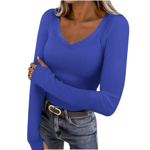 LEBONYARD Women's Trendy V-Neck Chic Groove Striped Solid Colored Long Sleeved Loose Fitting Casual Regular Comfy Pullover Blouse Top,Sizes S-2XL