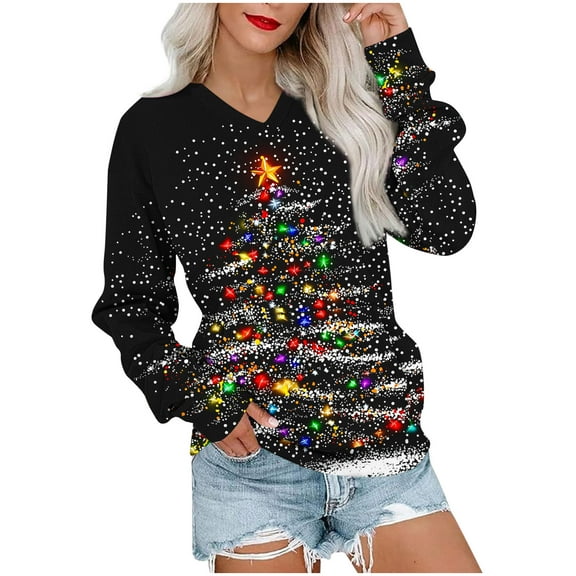 LEBONYARD Women's Trendy V-Neck Christmas Printing Hoodless Pullover Sweatshirts Casual Long Sleeved Chic Printed Loose Fit Ladies Sweatshirts Top