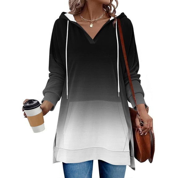 LEBONYARD Women's Trendy V-Neck Drawstring Hooded Solid Colored Long Sleeve Loose Fitting Regular Warm Outerwear Long Length Sweatshirts