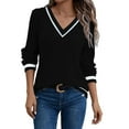 thumbnail image 1 of LEBONYARD Women's Trendy V-Neck Groove Striped Lightweight Fleece Solid Colored Long Sleeve Casual Loose Warm Fit Knitted Pullover Base Layer Sweaters, 1 of 7