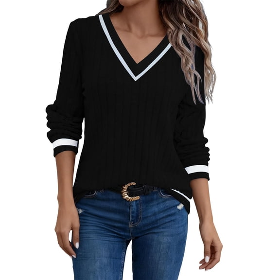 LEBONYARD Women's Trendy V-Neck Groove Striped Lightweight Fleece Solid Colored Long Sleeve Casual Loose Warm Fit Knitted Pullover Base Layer Sweaters