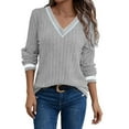 thumbnail image 1 of LEBONYARD Women's Trendy V-Neck Groove Striped Lightweight Fleece Solid Colored Long Sleeve Casual Loose Warm Fit Knitted Pullover Base Layer Sweaters, 1 of 7