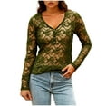 thumbnail image 1 of LEBONYARD Women's Trendy V-Neck Solid Colored Chic Lace Hollow-out Long Sleeve See-Through Slim Regular Base Layer Pullover Fashion Button Tops, 1 of 7