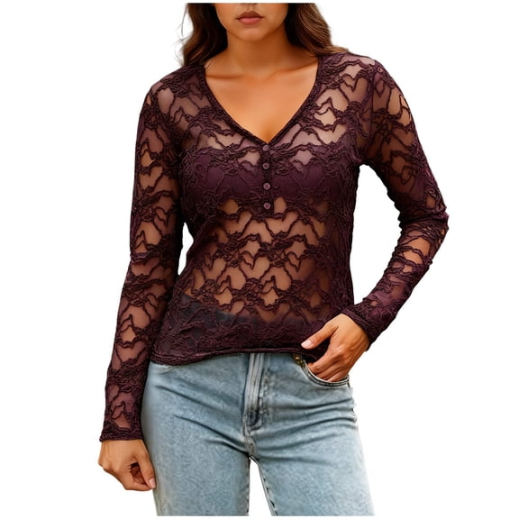 LEBONYARD Women's Trendy V-Neck Solid Colored Chic Lace Hollow-out Long Sleeve See-Through Slim Regular Base Layer Pullover Fashion Button Tops