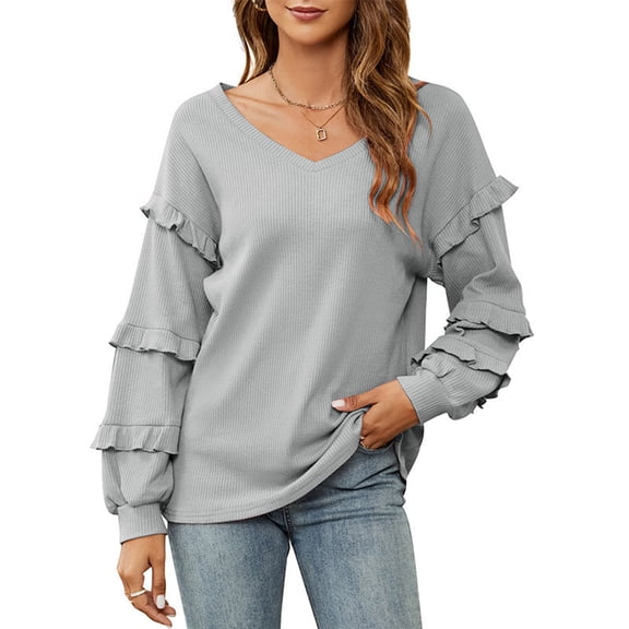LEBONYARD Women's Trendy V-Neck Solid Colored Chic Ruffled Lantern Sleeve Knitted Soft Pullover Tops Casual Long Sleeve Loose Warm Fit Ladies Tops