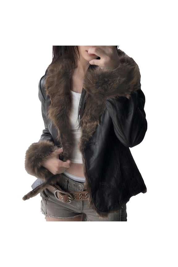 Women's Trendy Vintage Style Faux Leather Plush Collar Cuff Solid Colored Warm Fit Long Sleeve Casual Outerwear Moto Biker Button Jacket