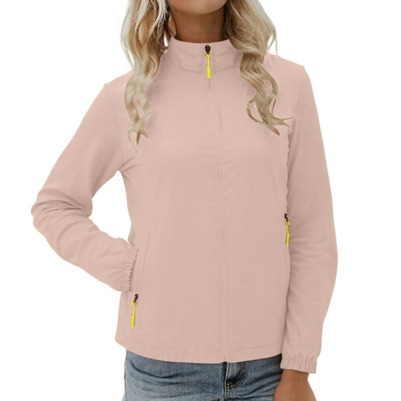LEBONYARD Women's Trendy Windbreaker Zipper Hooded Hiking Outdoor Jacket Casual Long Sleeve Solid Colored Loose Fit Standing Collar Sports Jacket