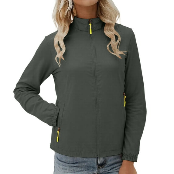 LEBONYARD Women's Trendy Windbreaker Zipper Hooded Hiking Outdoor Jacket Casual Long Sleeve Solid Colored Loose Fit Standing Collar Sports Jacket