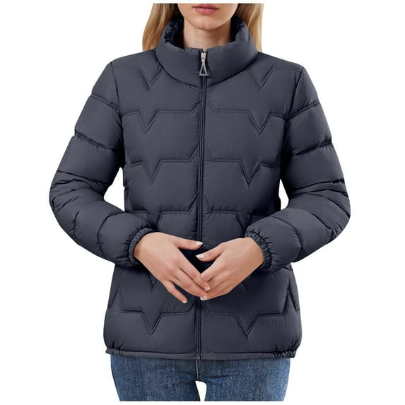 LEBONYARD Women's Trendy Zip-Up Hoodless Stand Collar Short Length Down Jacket Long Sleeve Solid Colored Pocket Ladies Winter Warm Puffer Jacket Coat