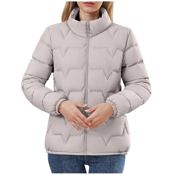 LEBONYARD Women's Trendy Zip-Up Hoodless Stand Collar Short Length Down Jacket Long Sleeve Solid Colored Pocket Ladies Winter Warm Puffer Jacket Coat
