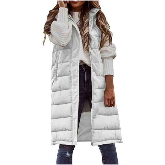 LEBONYARD Women's Trendy Zipper Button Hooded Sleeveless Solid Colored Long Length Outdoor Jacket Coat Casual Pocket Ladies Winter Jaket Coats