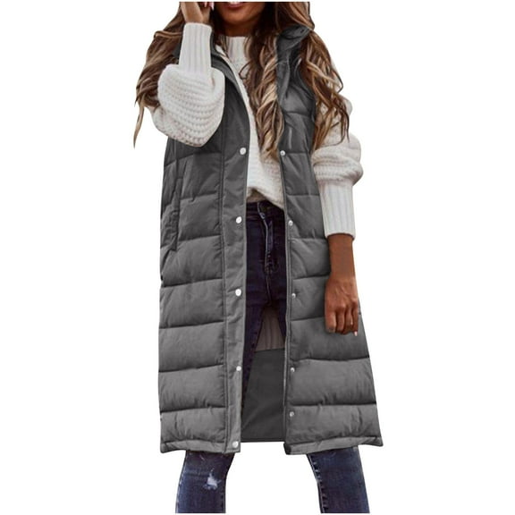 LEBONYARD Women's Trendy Zipper Button Hooded Sleeveless Solid Colored Long Length Outdoor Jacket Coat Casual Pocket Ladies Winter Jaket Coats