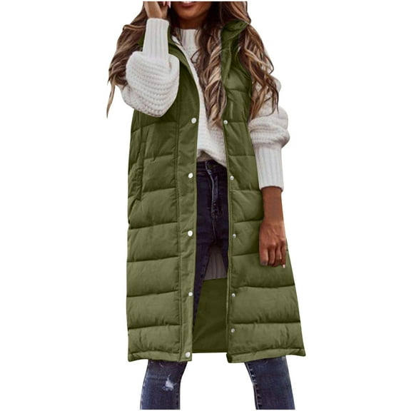 LEBONYARD Women's Trendy Zipper Button Hooded Sleeveless Solid Colored Long Length Outdoor Jacket Coat Casual Pocket Ladies Winter Jaket Coats