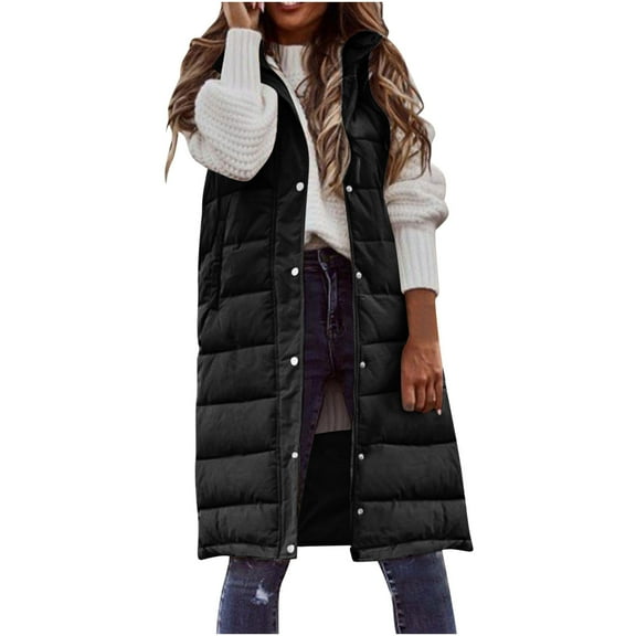LEBONYARD Women's Trendy Zipper Button Hooded Sleeveless Solid Colored Long Length Outdoor Jacket Coat Casual Pocket Ladies Winter Jaket Coats