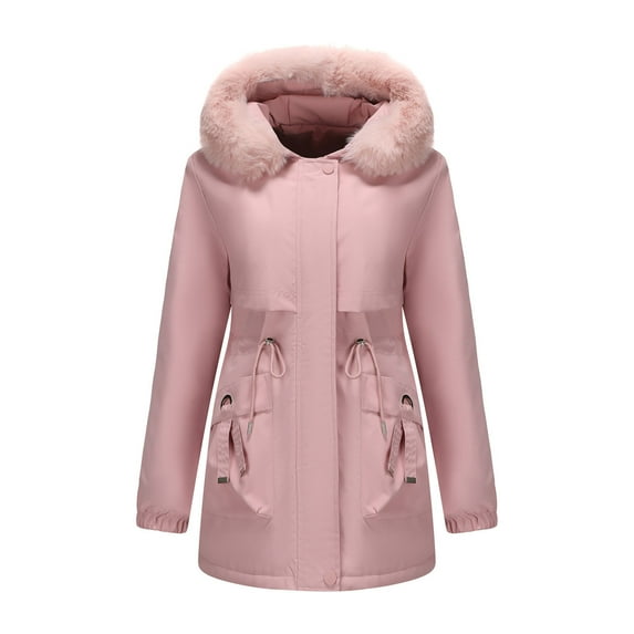 LEBONYARD Women's Trendy Zipper Button Plush Hooded Solid Colored Long Length Loose Fitting Warm Pocket Casual Ladies Winter Outerwear Puffer Jacket
