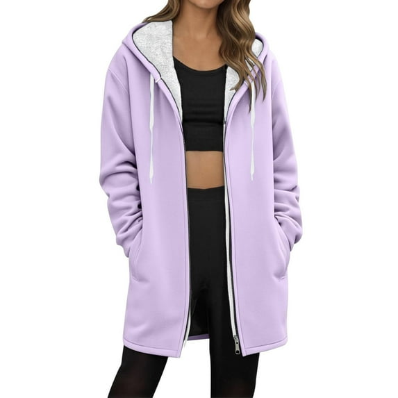 LEBONYARD Women's Trendy Zipper Drawstring Hooded Long Length Loose Warm Fitting Solid Colored Long Sleeved Pocket Ladies Casual Sweater Coat Jacket